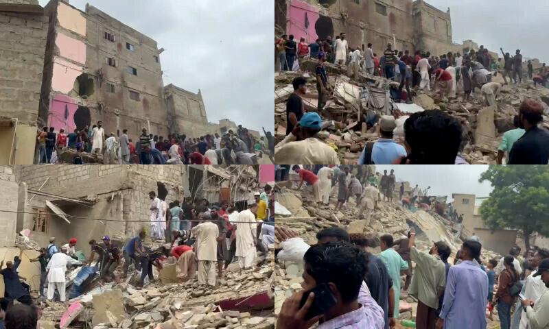 کراچی :لیاری میں پانچ منزلہ رہائشی عمارت زمین بوس ،ملبے سے 4 لاشیں اور 6 زخمیوں کو نکال لیا گیا