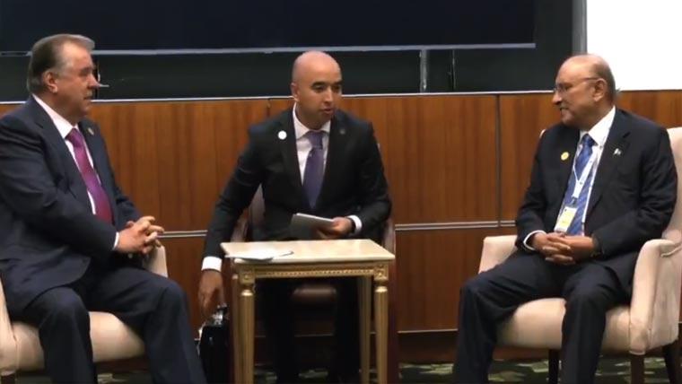 صدر زرداری کی تاجک  ہم منصب سے ملاقات،دو طرفہ تعلقات، تعاون اور باہمی امور پر تبادلہ خیال