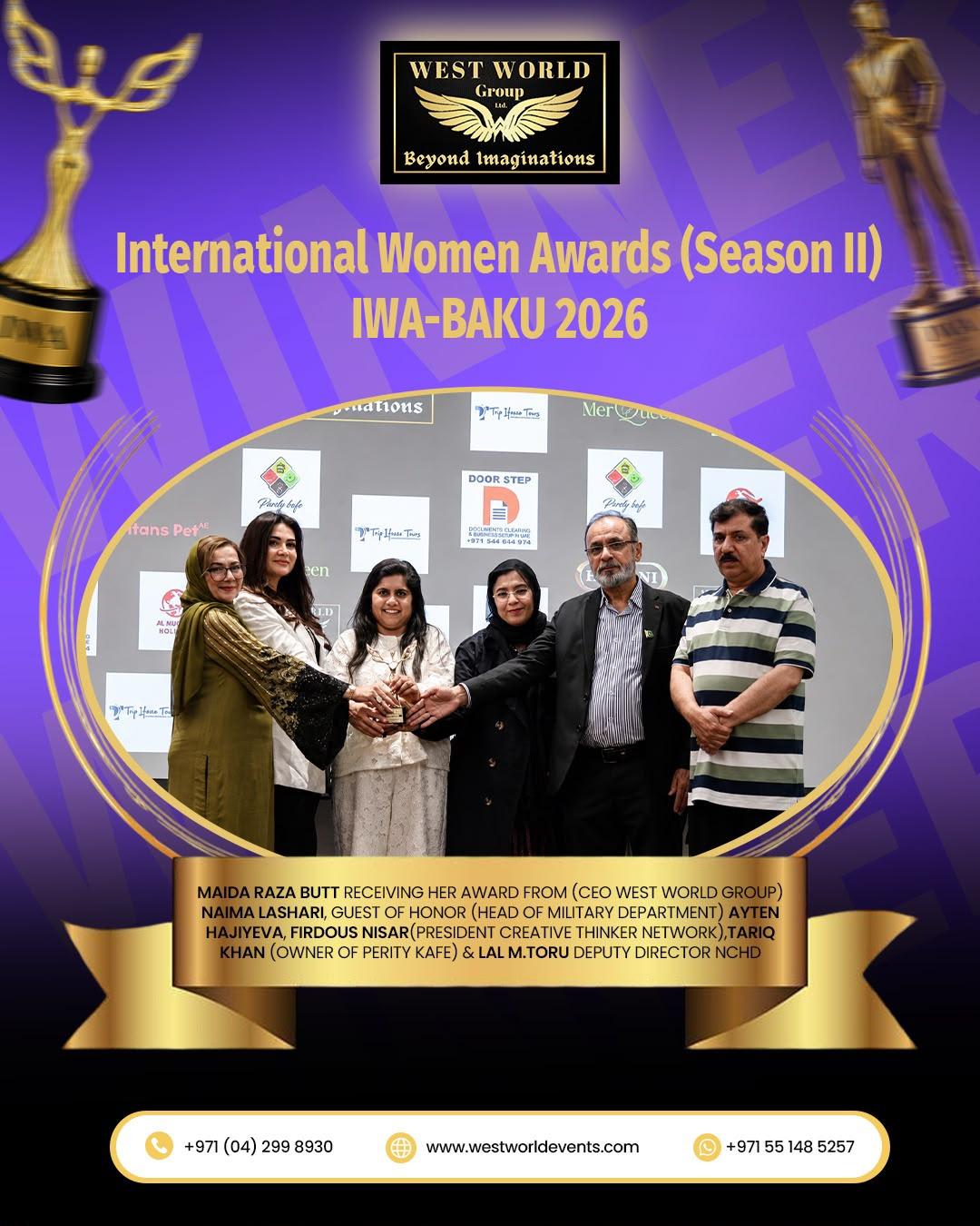 Baku:Pakistani social activist,Maida Raza honored with International Women Community Impact Award 2026